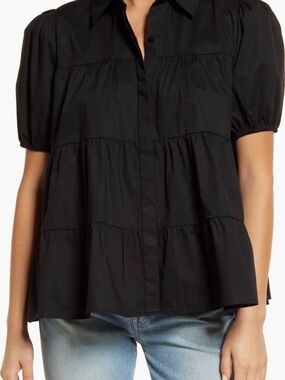 Wayf Black Puff-Sleeve Tiered Button-Front Blouse